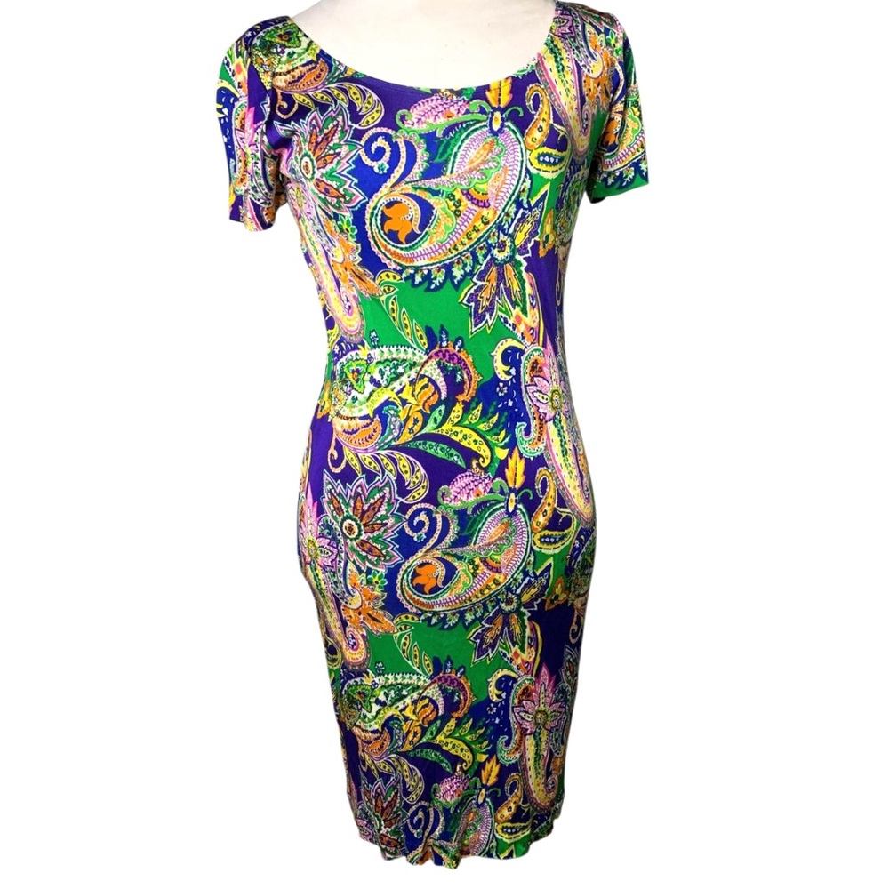 Ralph Lauren Sport Small 100% Viscose Colorful Paisley Floral Bodycon Mini Dress